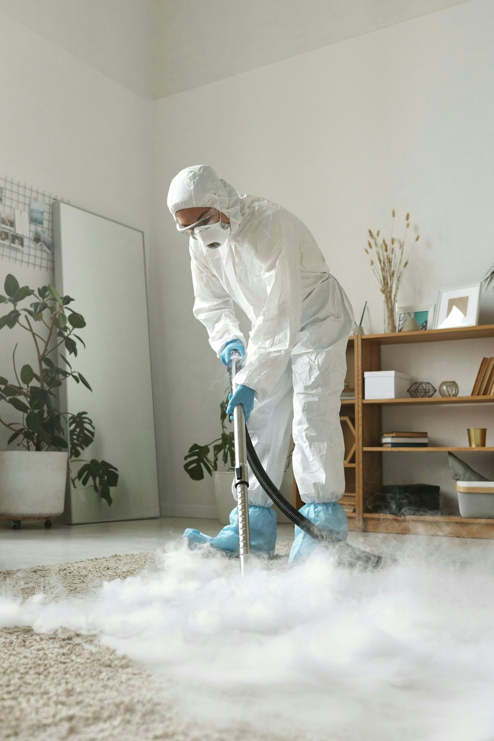 Eine professionelle Reinigungskraft desinfiziert einen Teppich mit Dampf.
